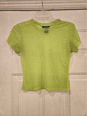 Just Polly New York neon lime green mesh crop-top tee size M festival rave 90s